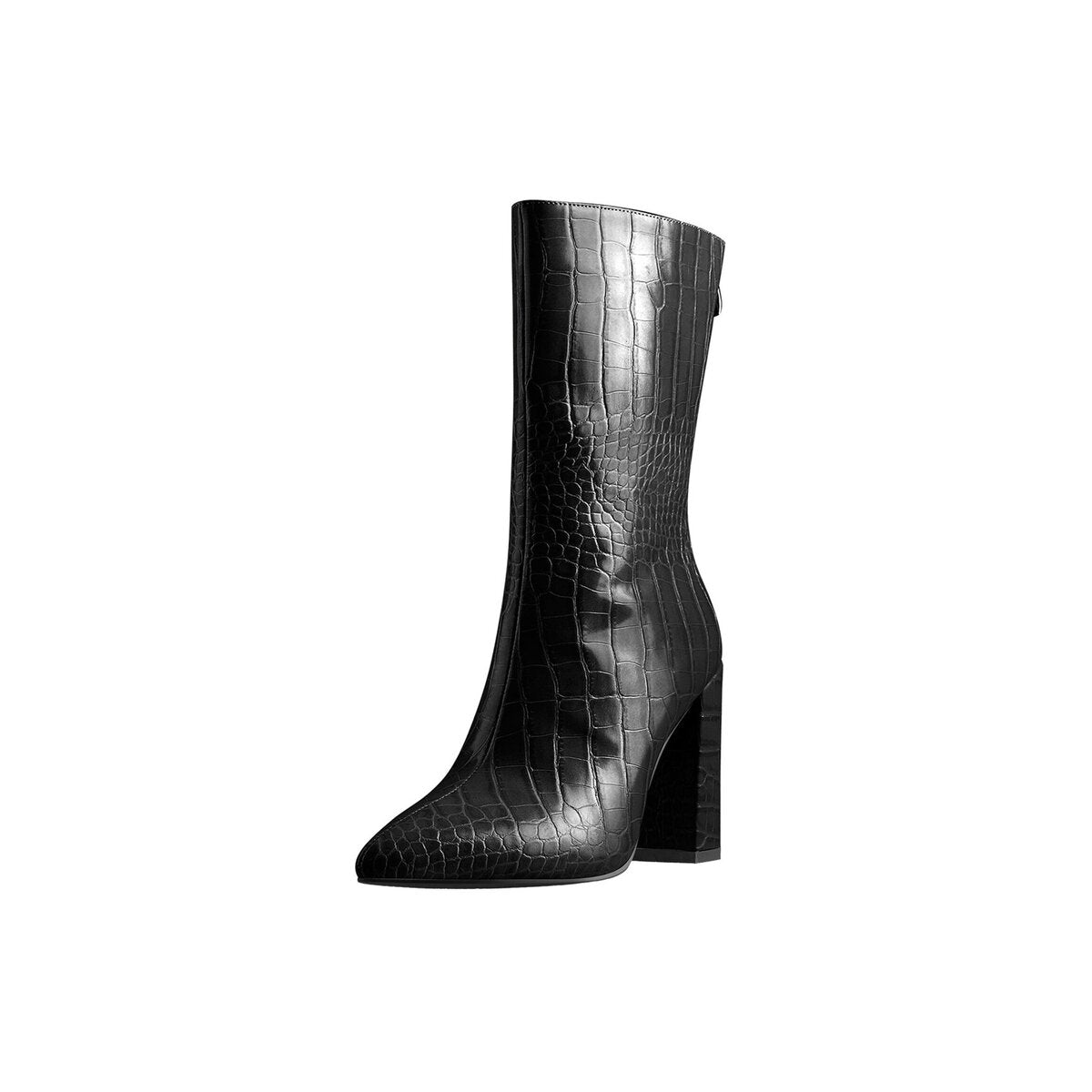 Croc Embossed Pointed Toe Mid Calf Boots with Block Heel