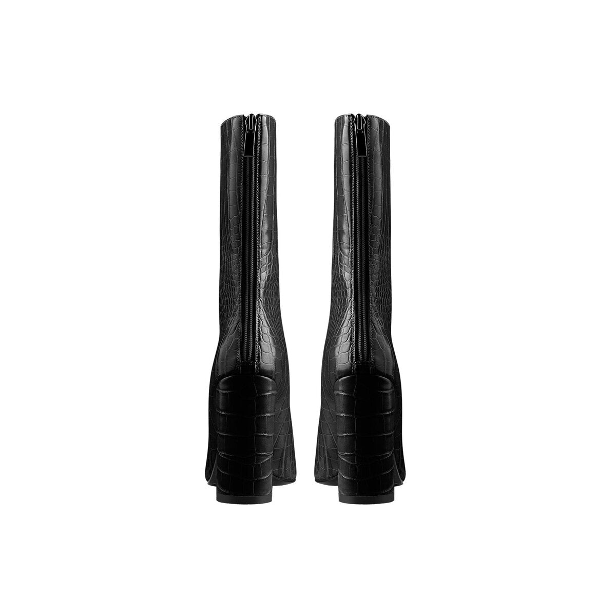 Croc Embossed Pointed Toe Mid Calf Boots with Block Heel