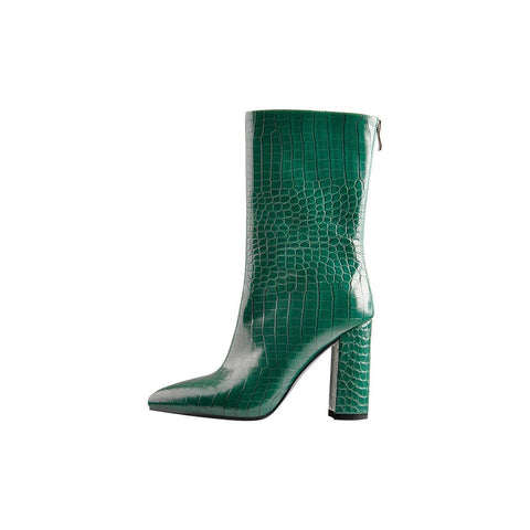 Croc Embossed Pointed Toe Mid Calf Boots with Block Heel