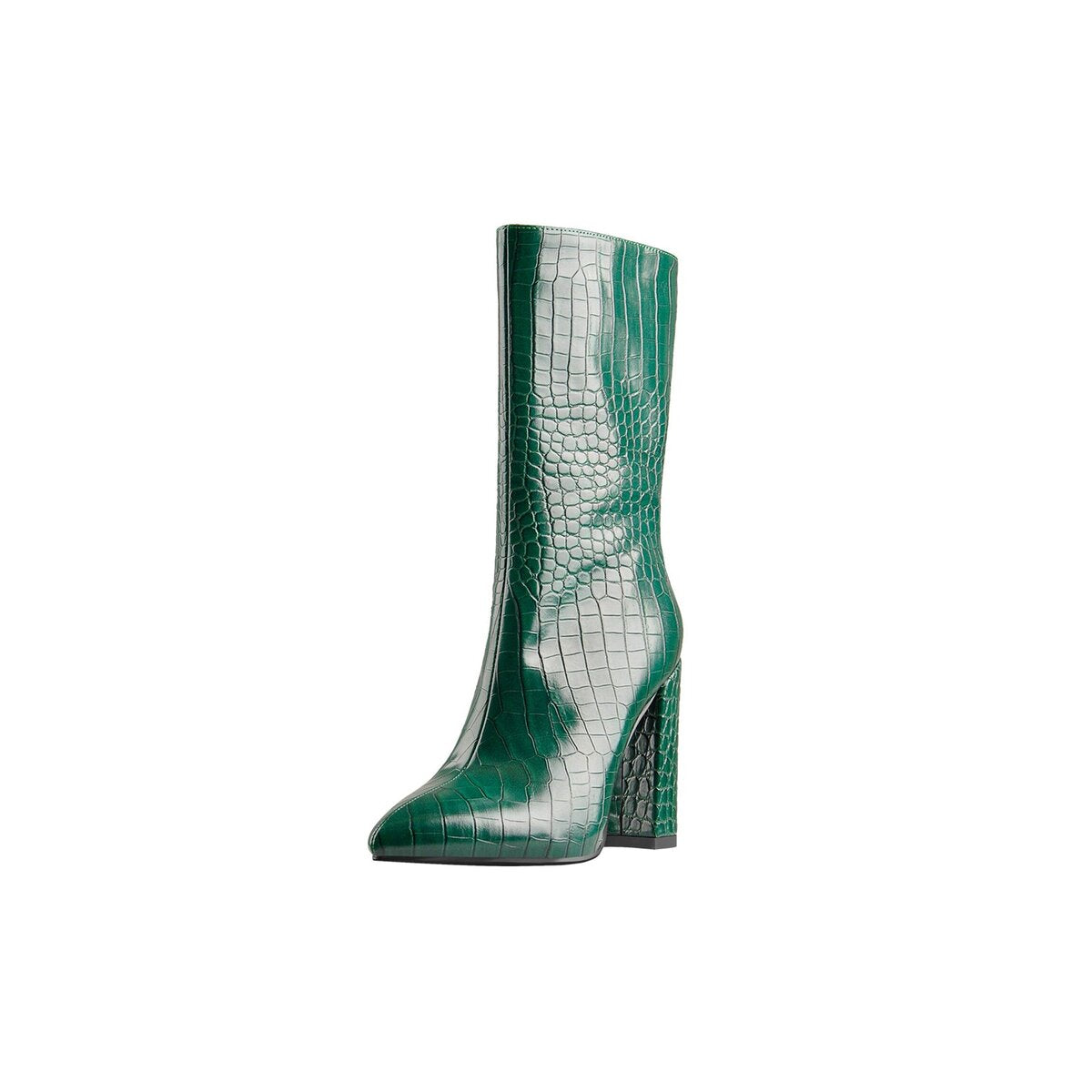 Croc Embossed Pointed Toe Mid Calf Boots with Block Heel
