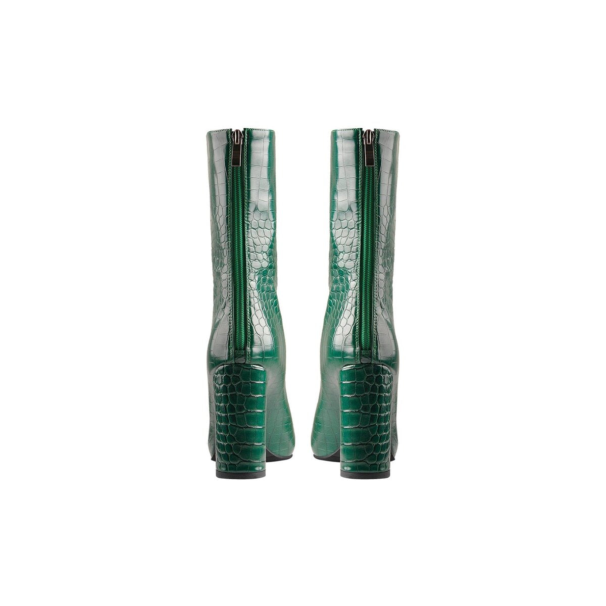 Croc Embossed Pointed Toe Mid Calf Boots with Block Heel