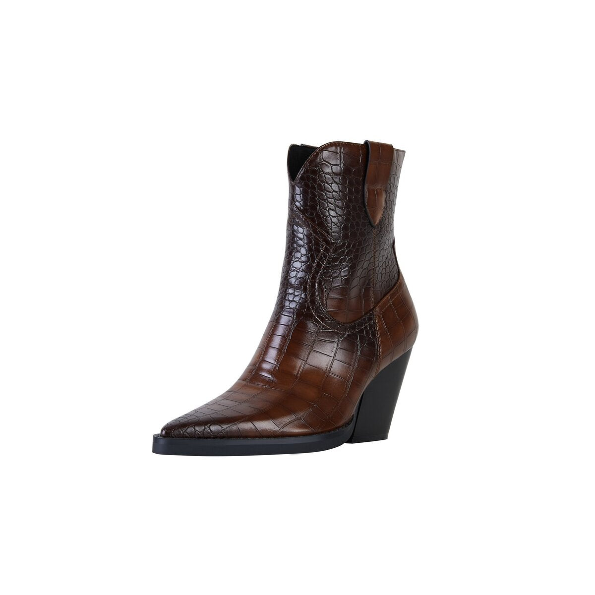 Croc Embossed Pointed Toe Western Ankle Boots