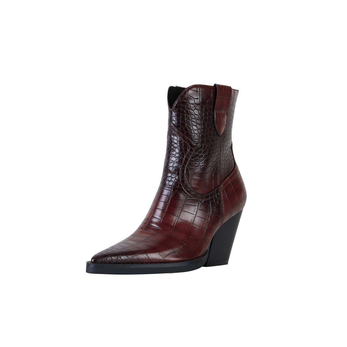 Croc Embossed Pointed Toe Western Ankle Boots