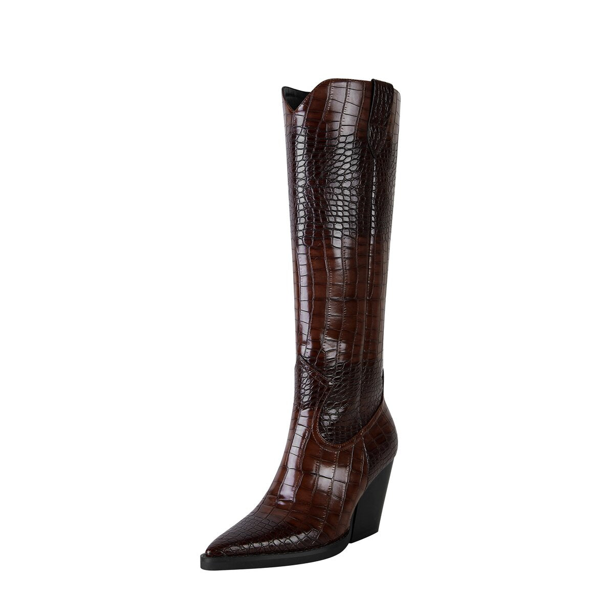 Croc Embossed Pointed Toe Western Knee High Boots