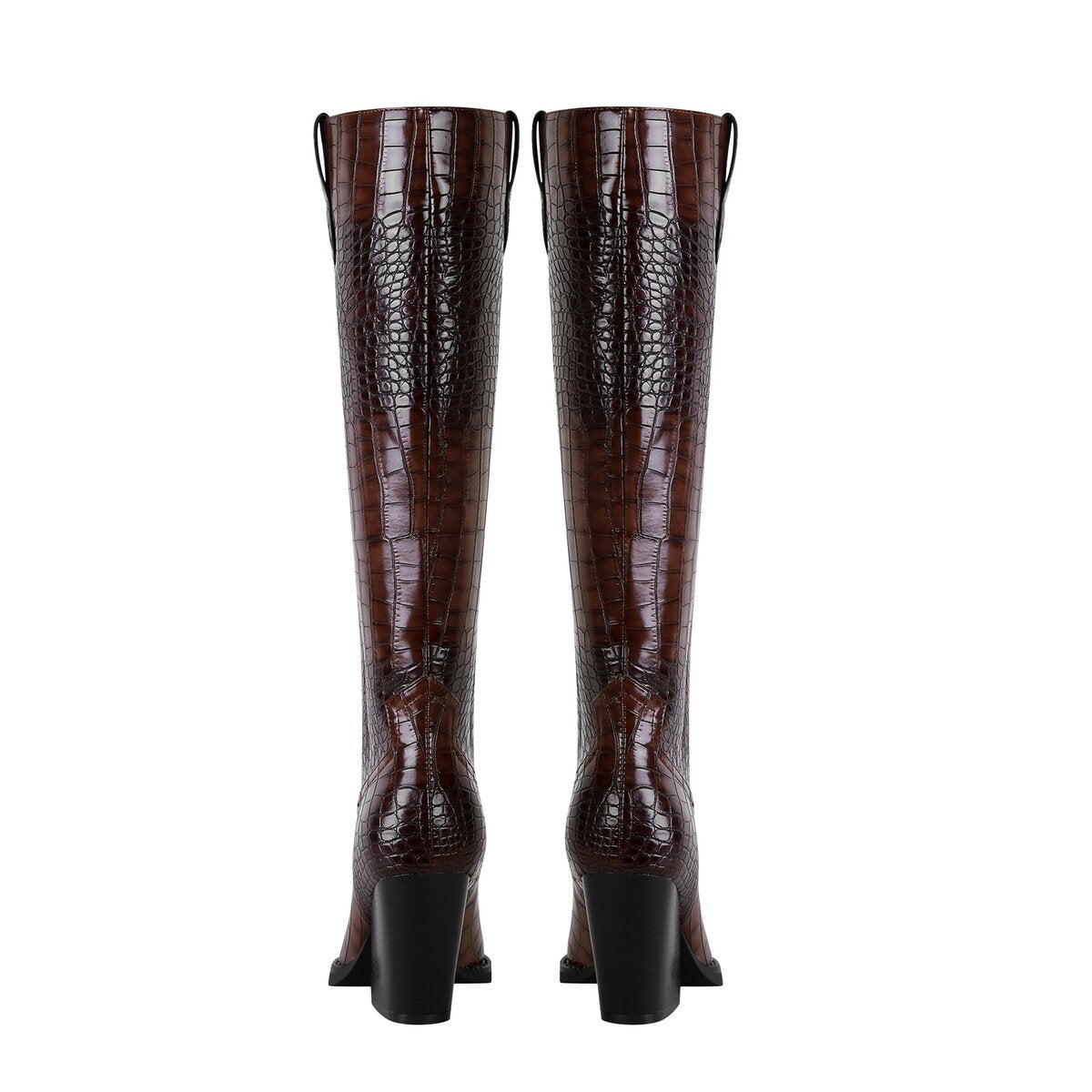 Croc Embossed Pointed Toe Western Knee High Boots