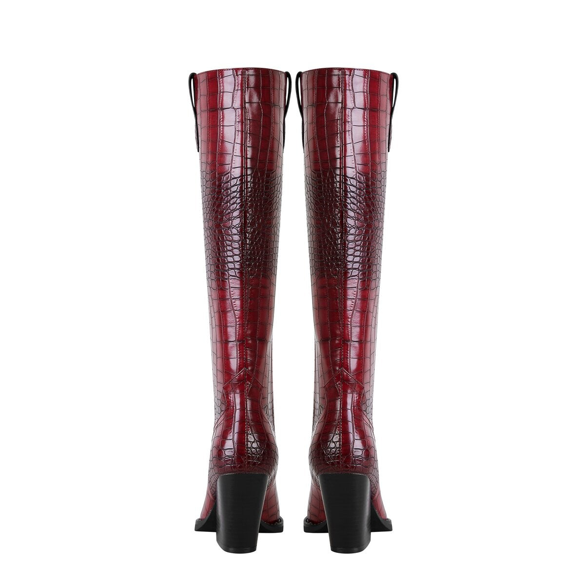 Croc Embossed Pointed Toe Western Knee High Boots