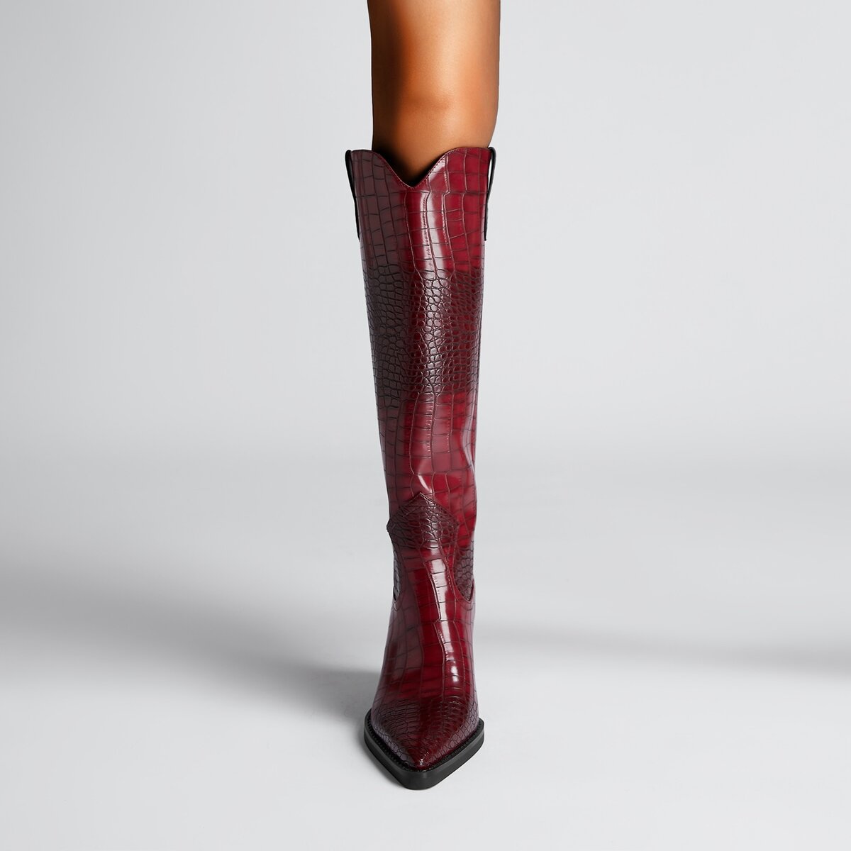 Croc Embossed Pointed Toe Western Knee High Boots