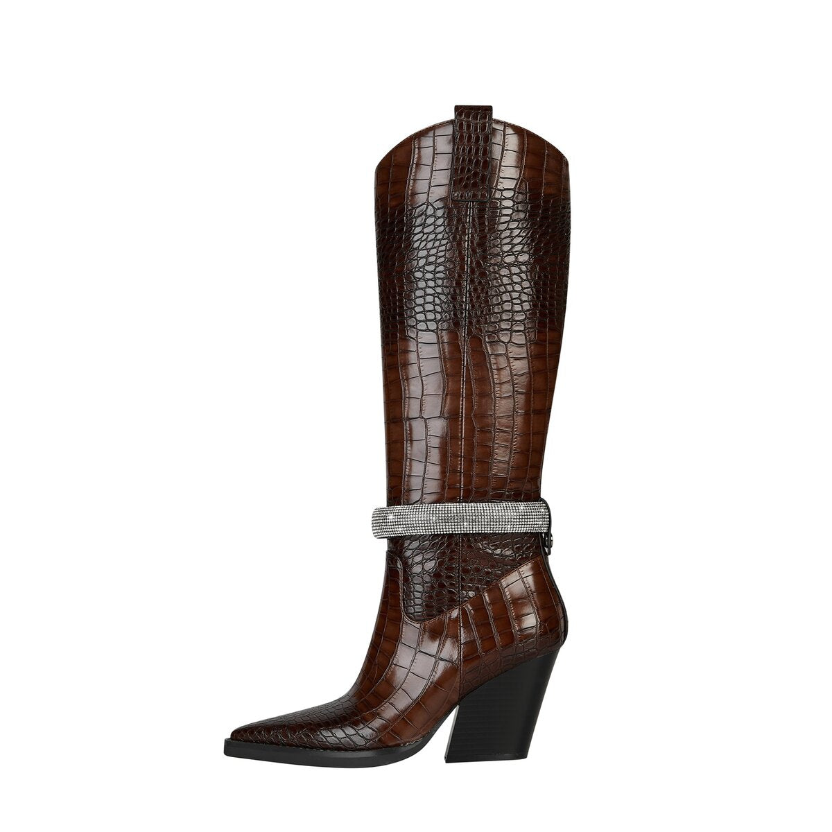 Croc Embossed Rhinestone Strap Knee High Cowboy Boots