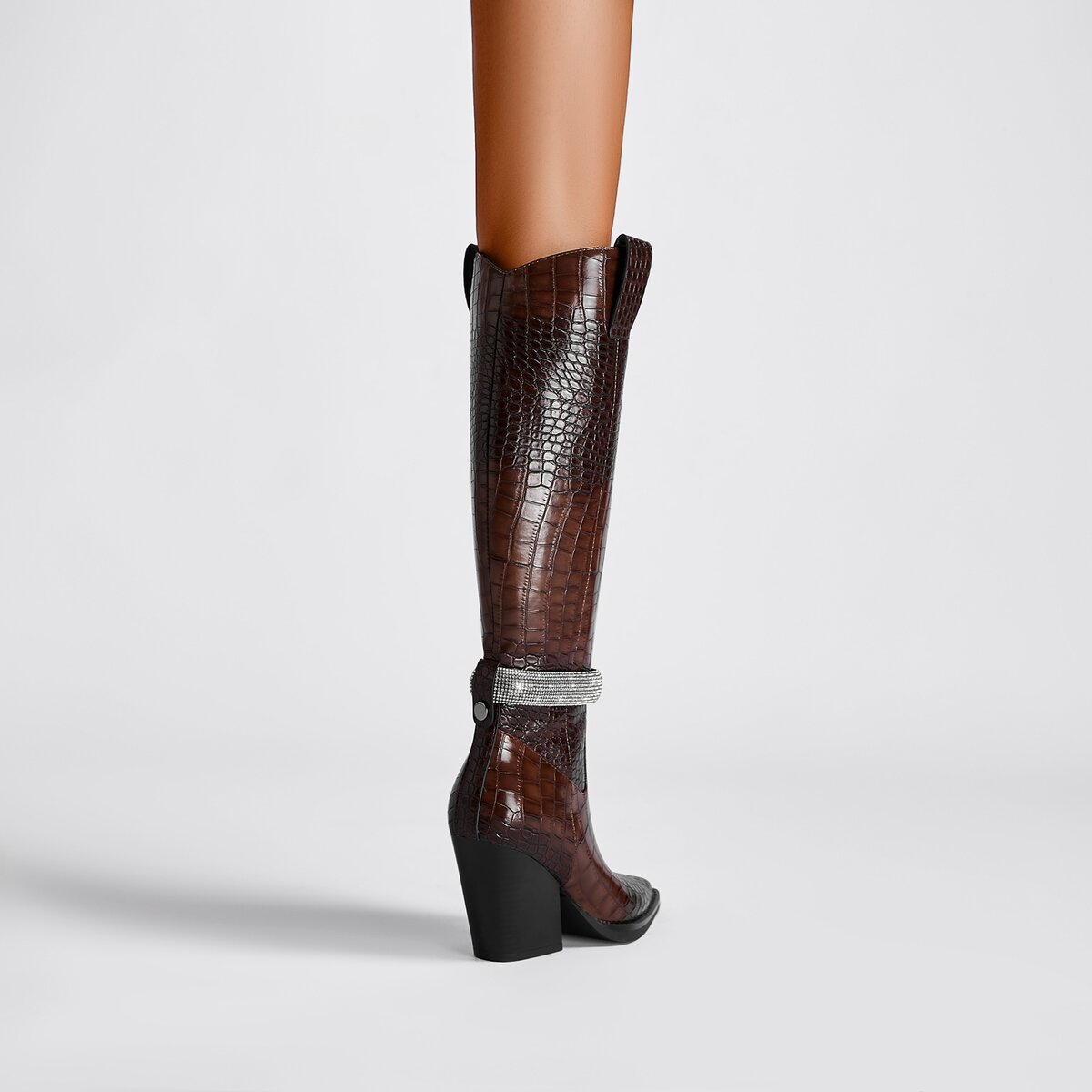 Croc Embossed Rhinestone Strap Knee High Cowboy Boots