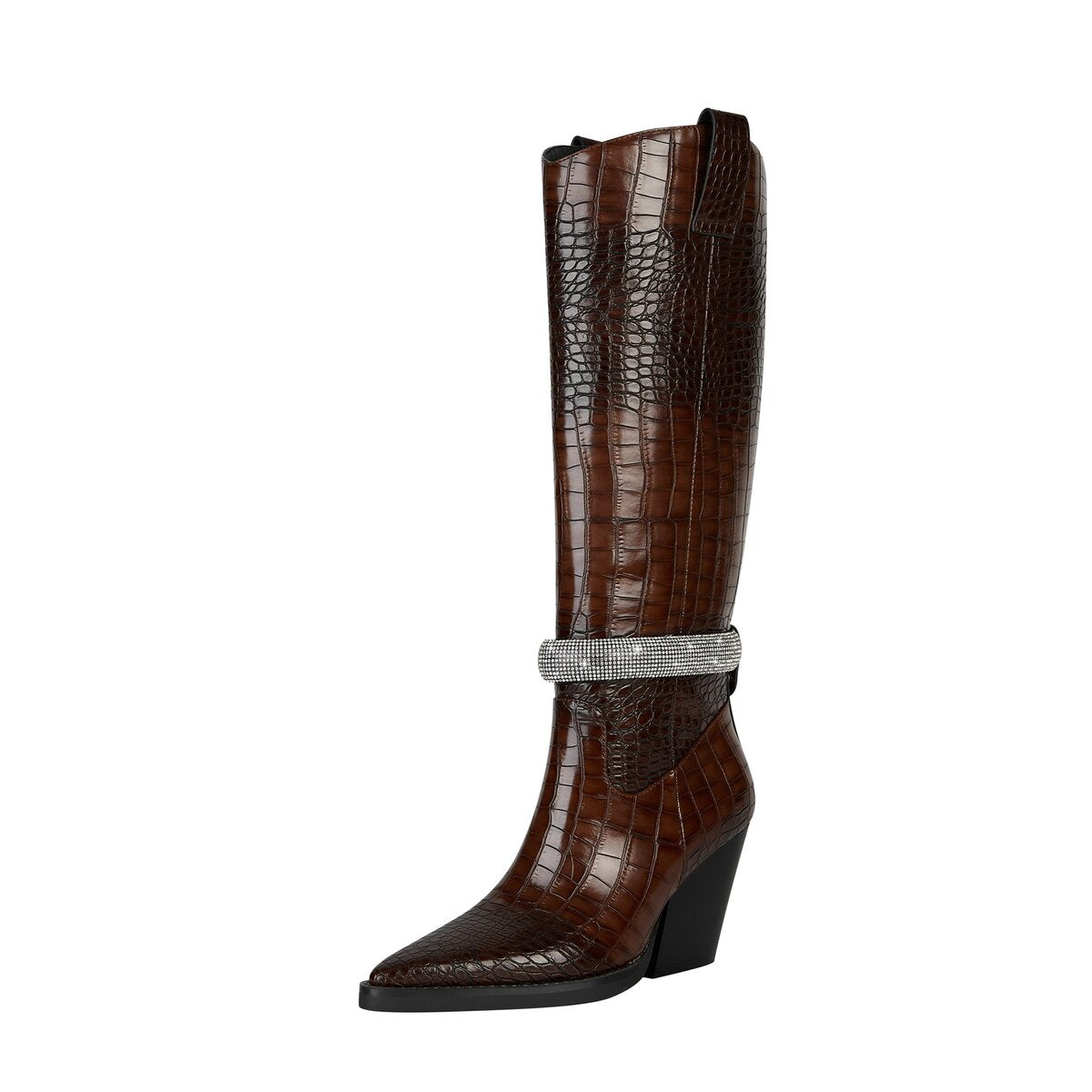 Croc Embossed Rhinestone Strap Knee High Cowboy Boots
