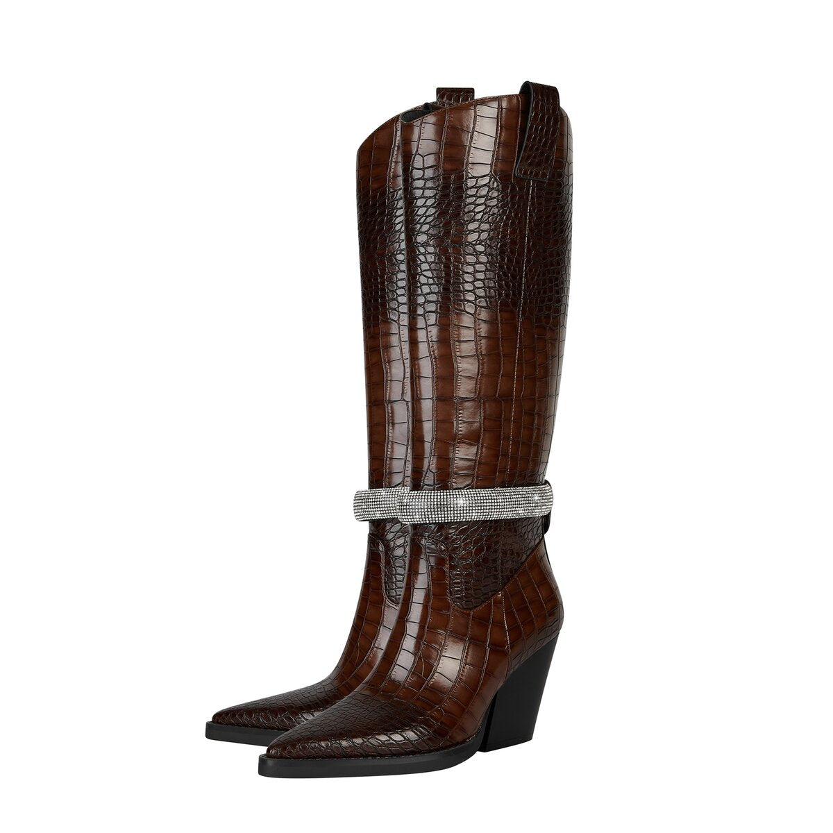 Croc Embossed Rhinestone Strap Knee High Cowboy Boots