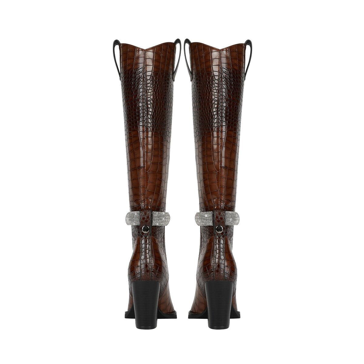 Croc Embossed Rhinestone Strap Knee High Cowboy Boots