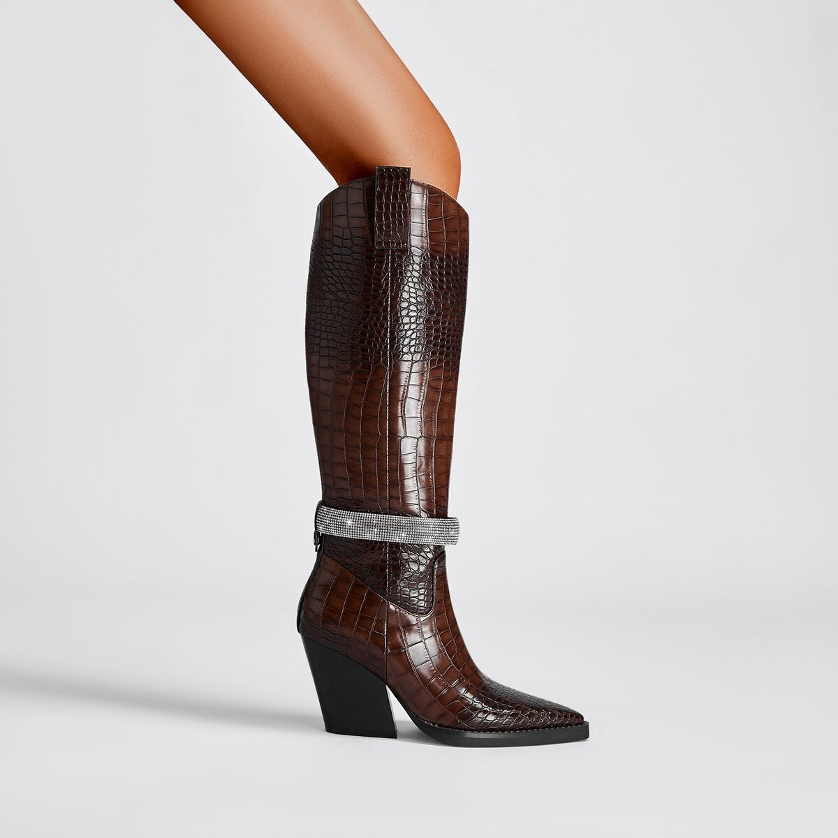 Croc Embossed Rhinestone Strap Knee High Cowboy Boots