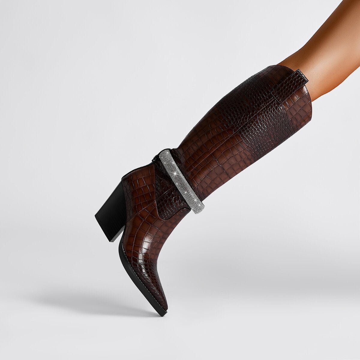 Croc Embossed Rhinestone Strap Knee High Cowboy Boots