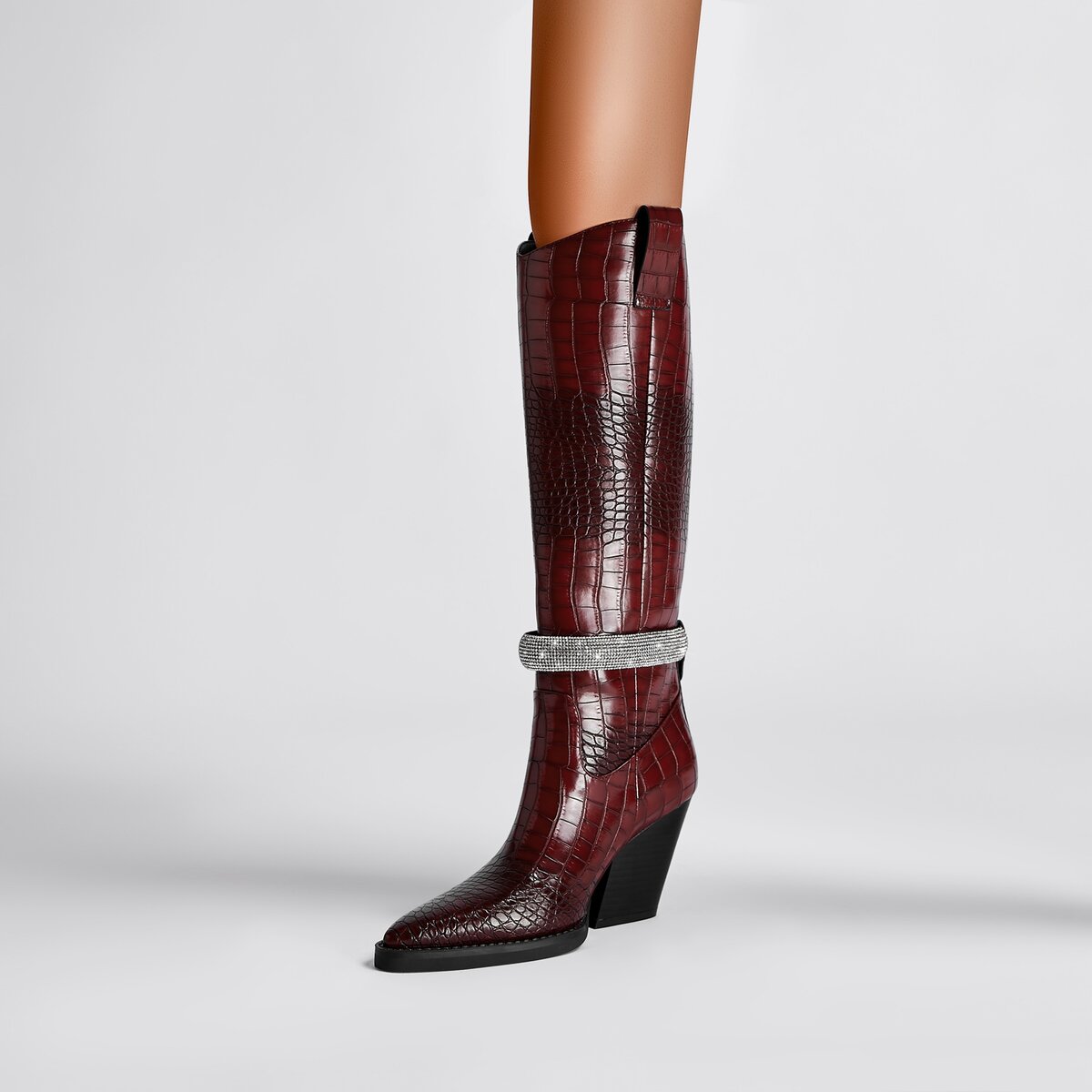 Croc Embossed Rhinestone Strap Knee High Cowboy Boots