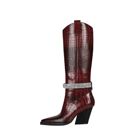Croc Embossed Rhinestone Strap Knee High Cowboy Boots