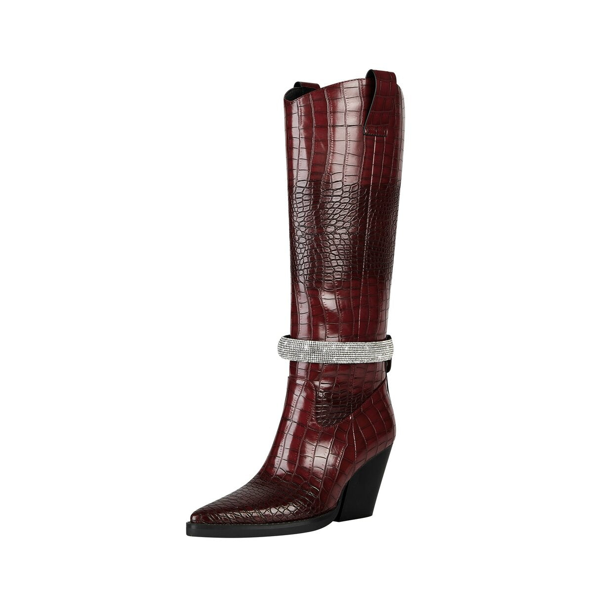Croc Embossed Rhinestone Strap Knee High Cowboy Boots