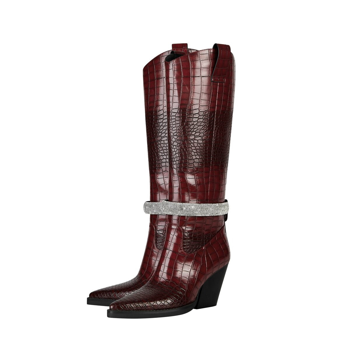 Croc Embossed Rhinestone Strap Knee High Cowboy Boots