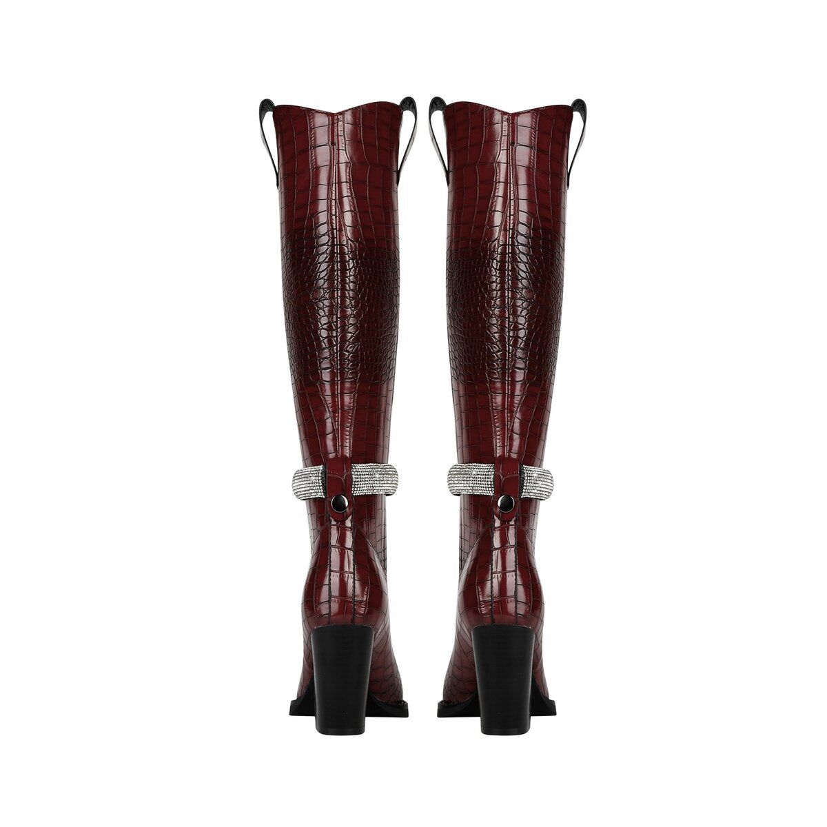 Croc Embossed Rhinestone Strap Knee High Cowboy Boots