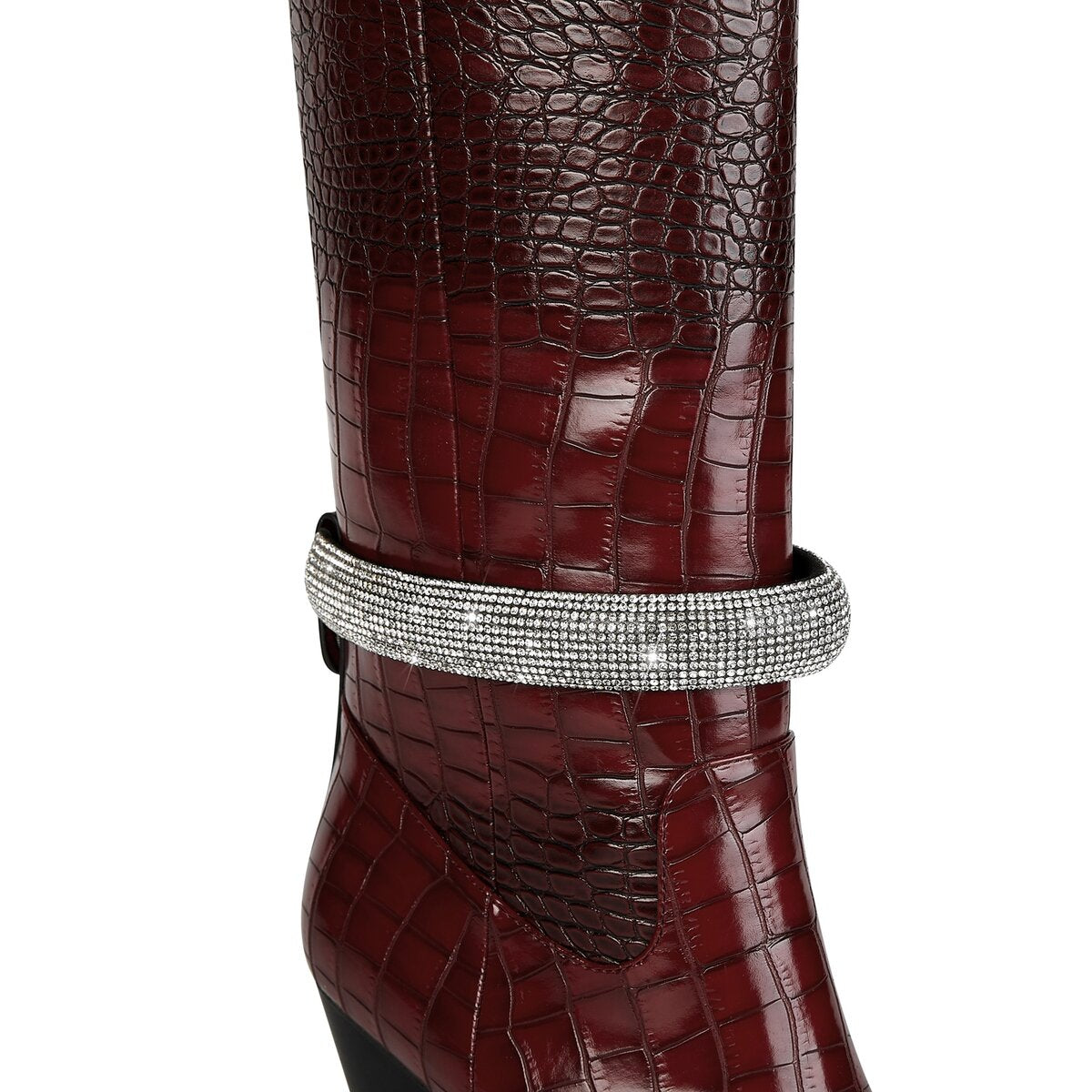 Croc Embossed Rhinestone Strap Knee High Cowboy Boots