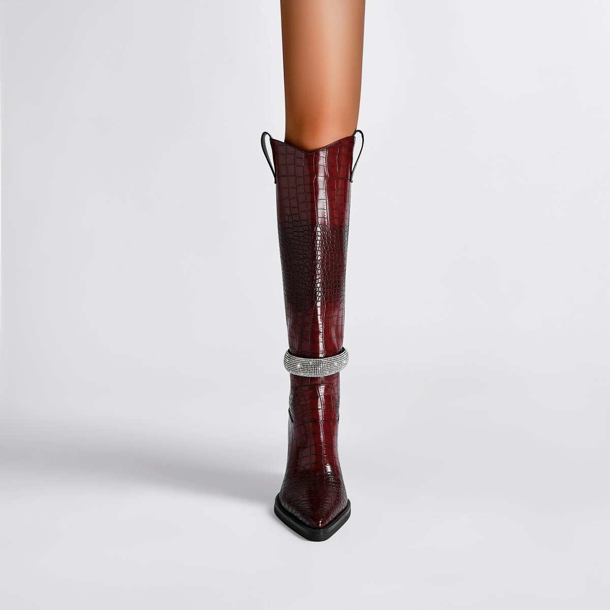 Croc Embossed Rhinestone Strap Knee High Cowboy Boots