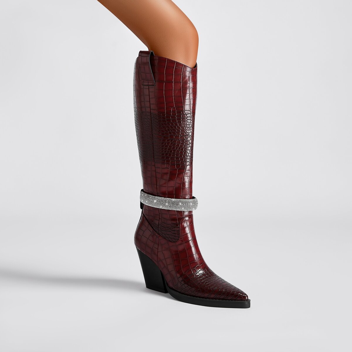 Croc Embossed Rhinestone Strap Knee High Cowboy Boots