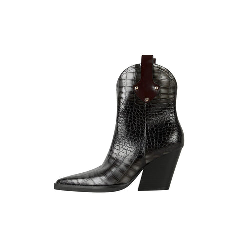 Croc Embossed Studded Pull Tab Western Ankle Boots