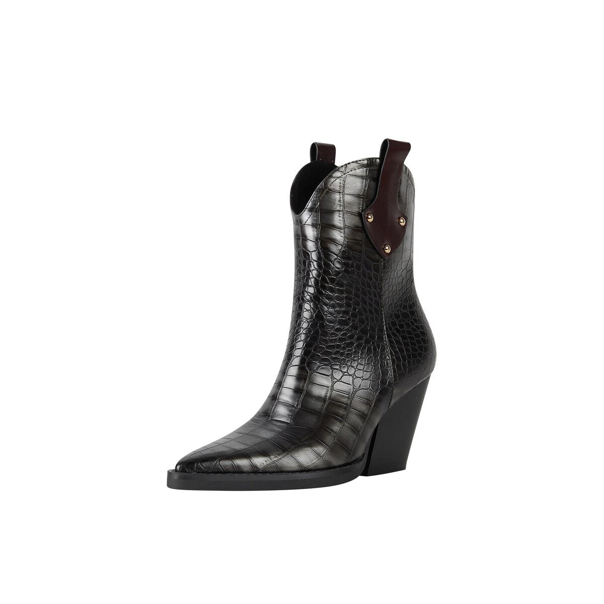 Croc Embossed Studded Pull Tab Western Ankle Boots