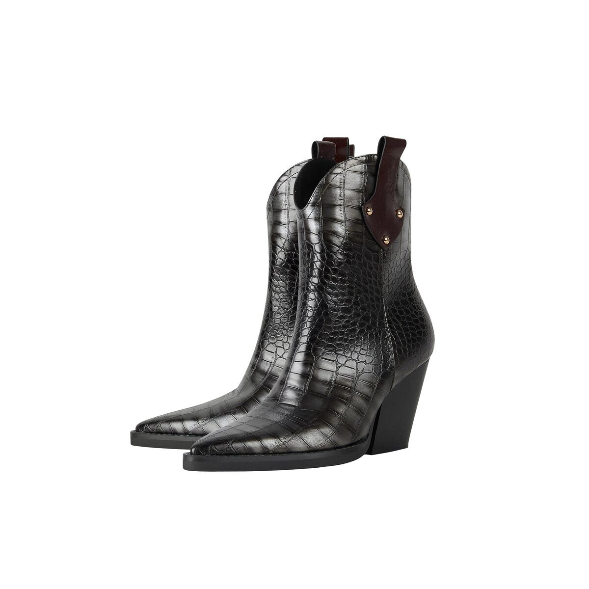 Croc Embossed Studded Pull Tab Western Ankle Boots