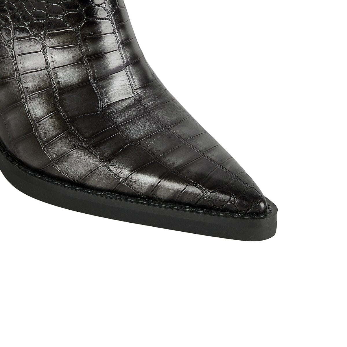 Croc Embossed Studded Pull Tab Western Ankle Boots