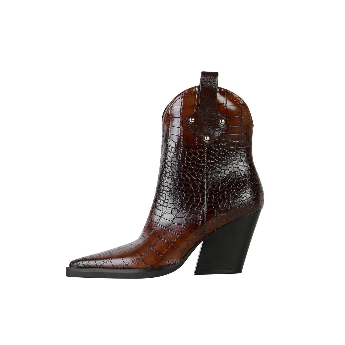 Croc Embossed Studded Pull Tab Western Ankle Boots