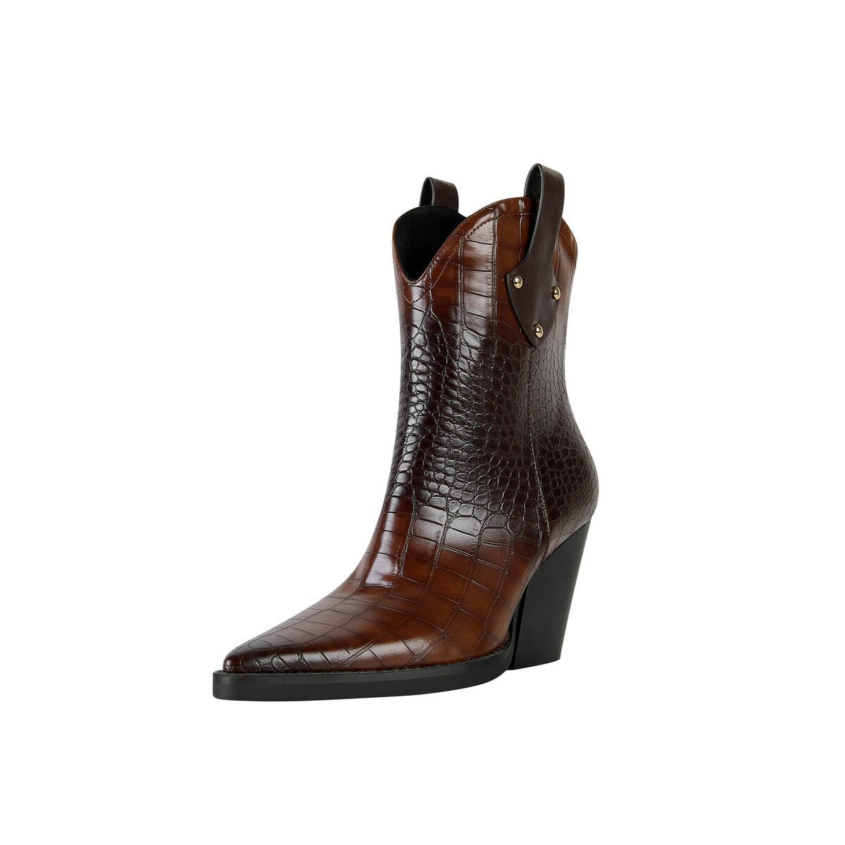 Croc Embossed Studded Pull Tab Western Ankle Boots