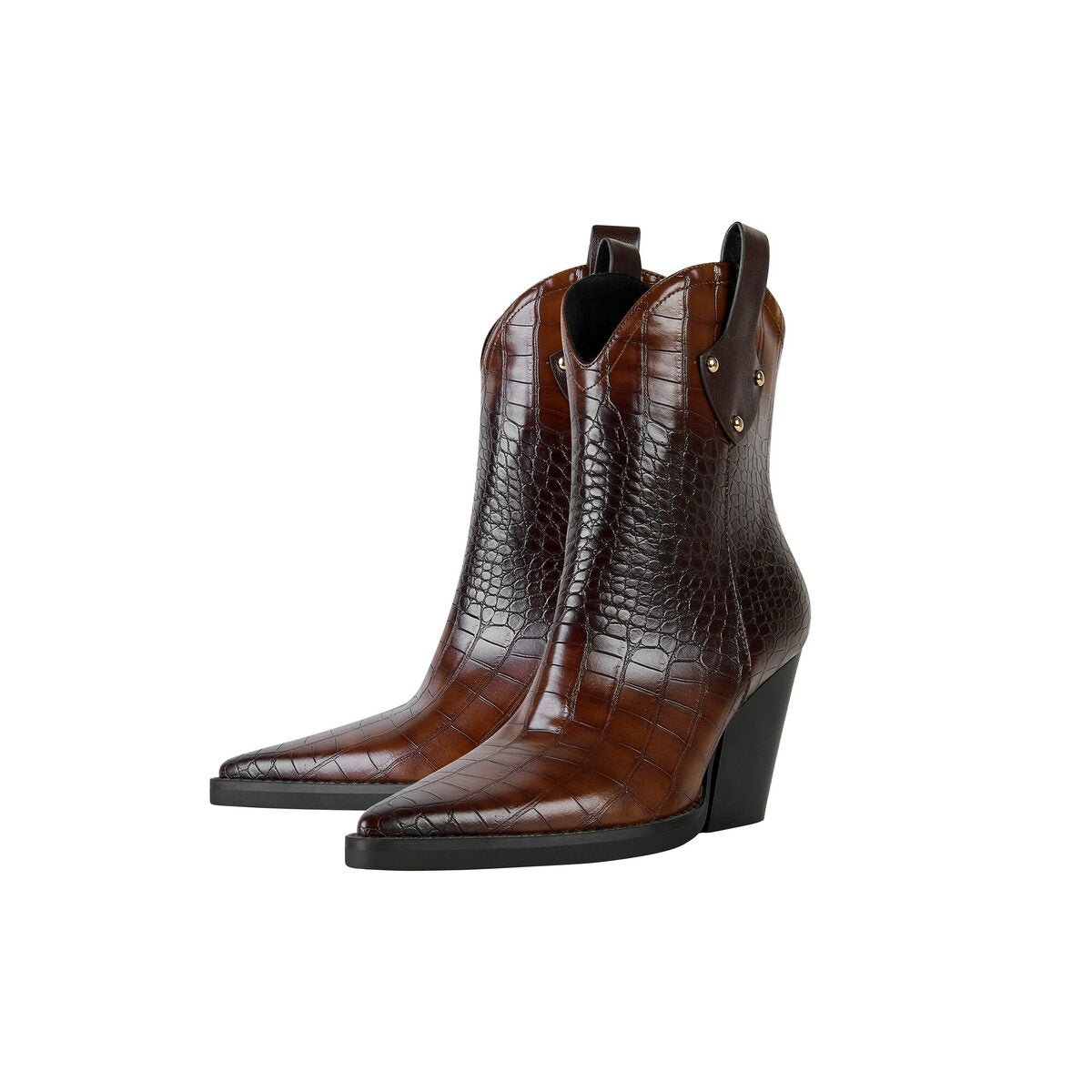 Croc Embossed Studded Pull Tab Western Ankle Boots
