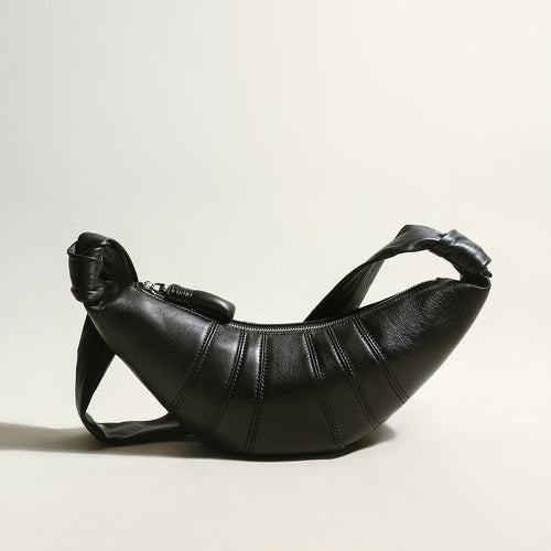 Croissant Chic Shoulder Bag – Sculptural Pleated Goatskin Leather Crescent Bag with Knotted Strap Detail