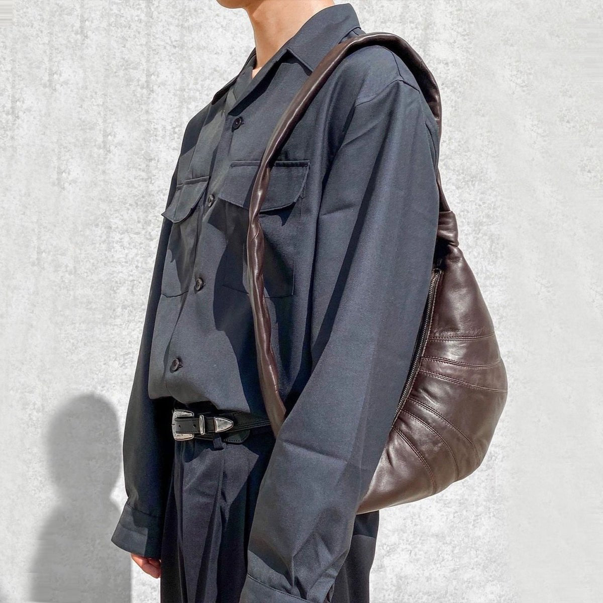 Croissant Chic Shoulder Bag – Sculptural Pleated Goatskin Leather Crescent Bag with Knotted Strap Detail