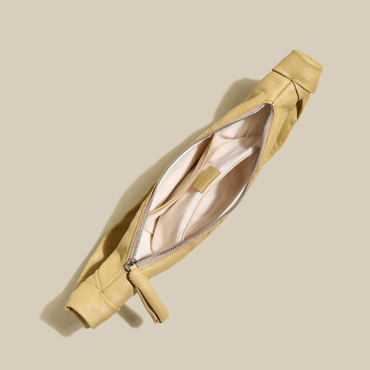 Croissant Chic Shoulder Bag – Sculptural Pleated Goatskin Leather Crescent Bag with Knotted Strap Detail