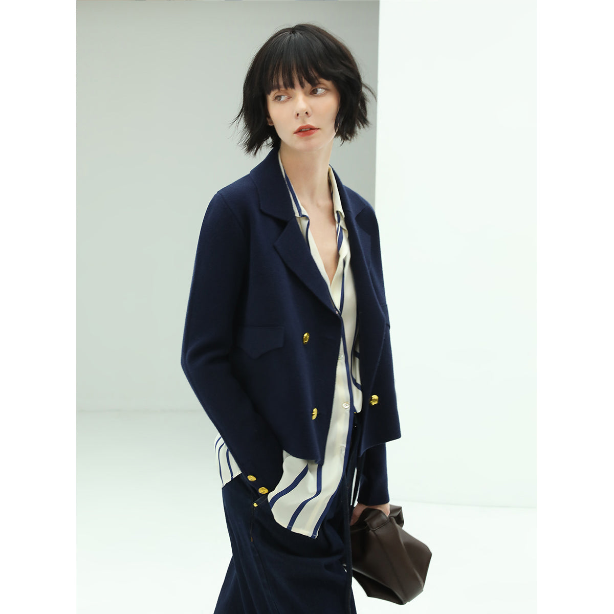 cropped double breasted knitted navy blazer all navy 2