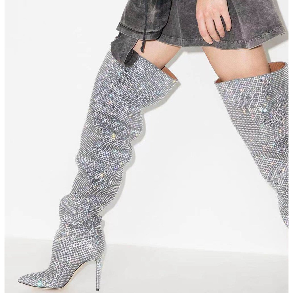 Crystal Embellished Slouchy Thigh High Boots - 0cm