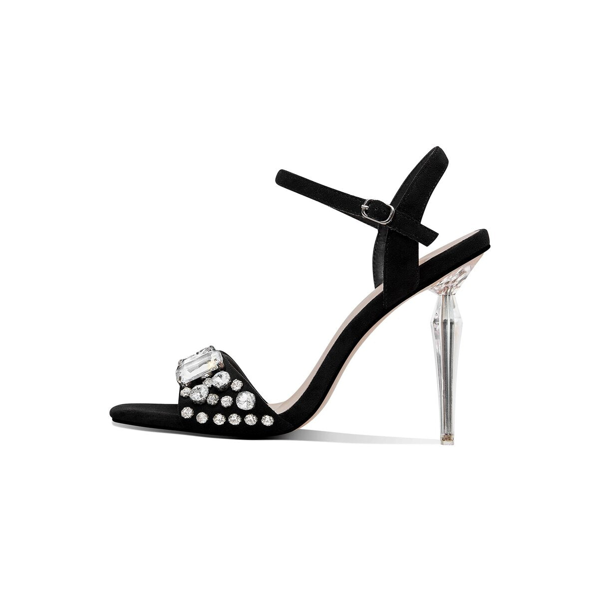 Crystal Embellished Square Toe Sandals with Sculptural Clear Stiletto Heel
