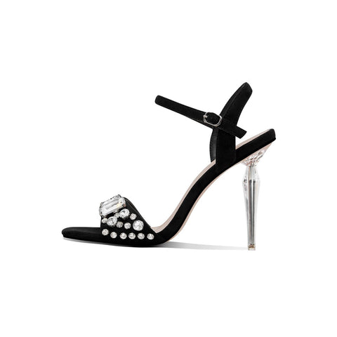 Crystal Embellished Square Toe Sandals with Sculptural Clear Stiletto Heel