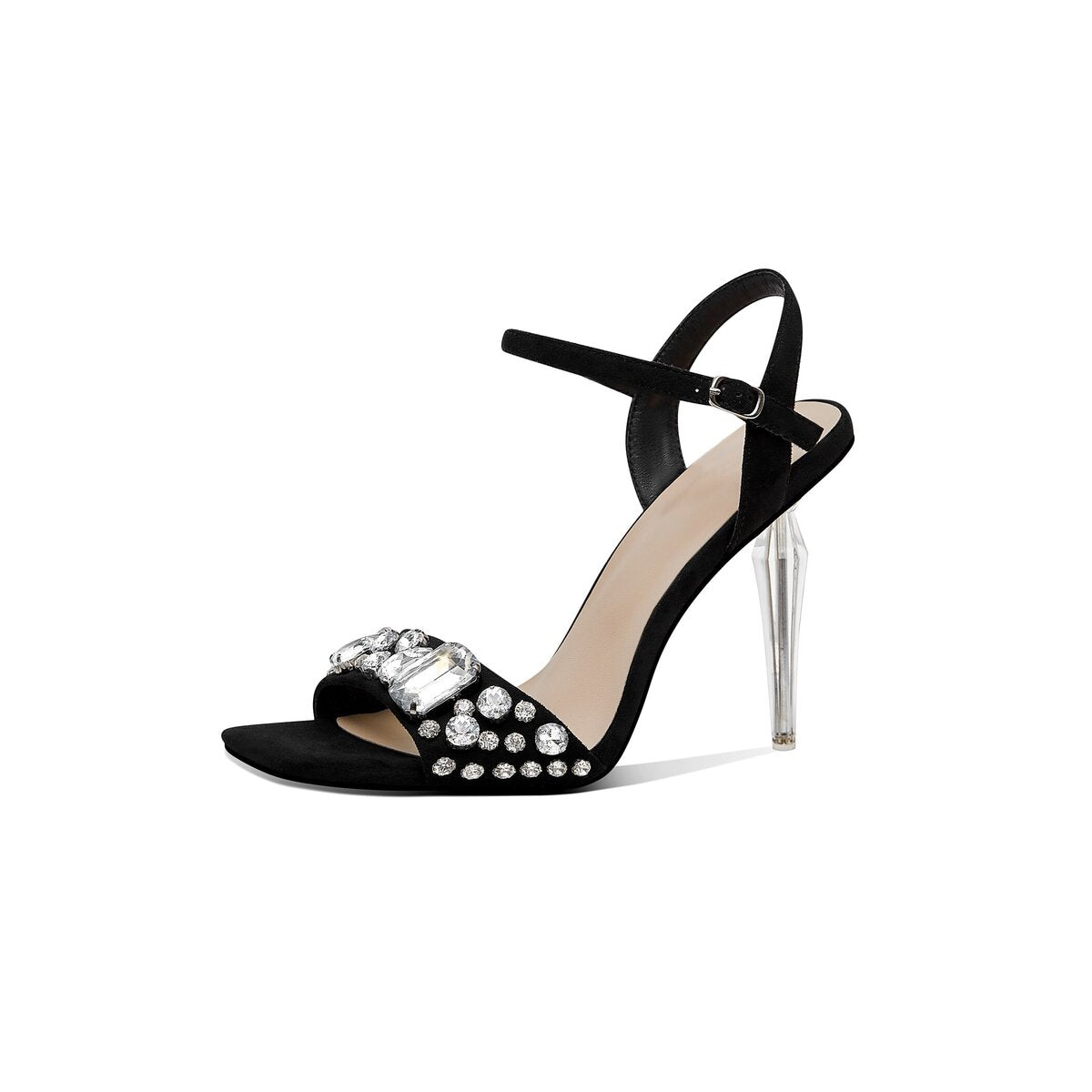 Crystal Embellished Square Toe Sandals with Sculptural Clear Stiletto Heel
