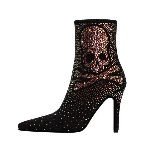 Crystal Encrusted Skull and Bones Black Ankle Boots - 0cm