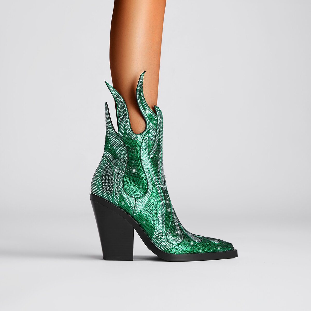 Crystal Flame Rhinestone Western Ankle Boots
