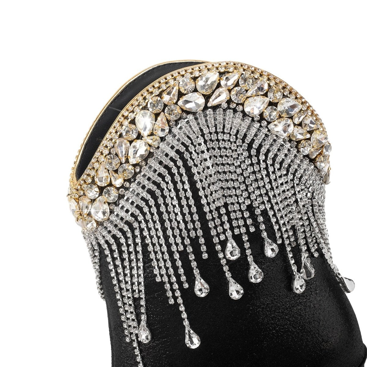 Crystal Fringe Embellished Black Cowgirl Boots - 0cm