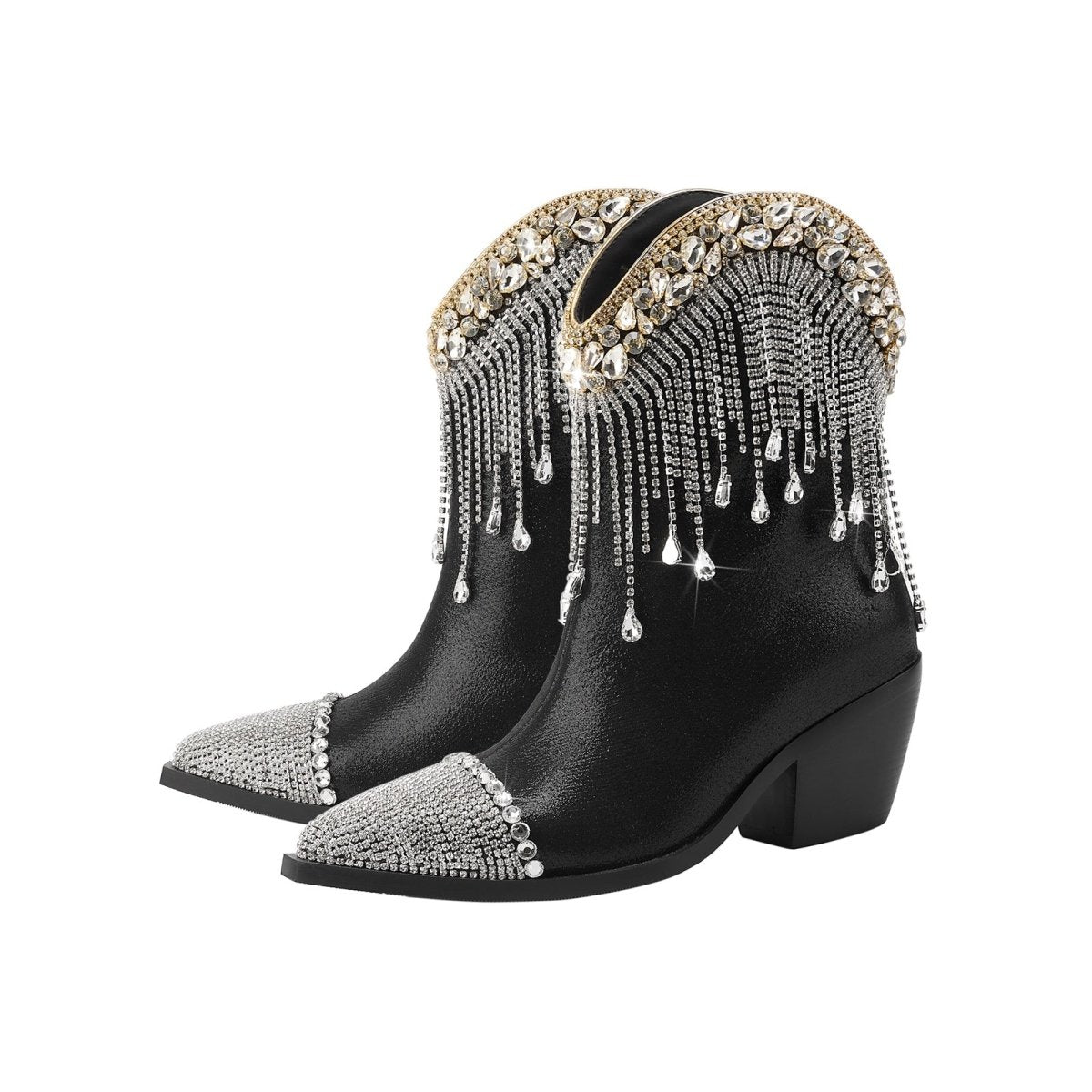 Crystal Fringe Embellished Black Cowgirl Boots - 0cm
