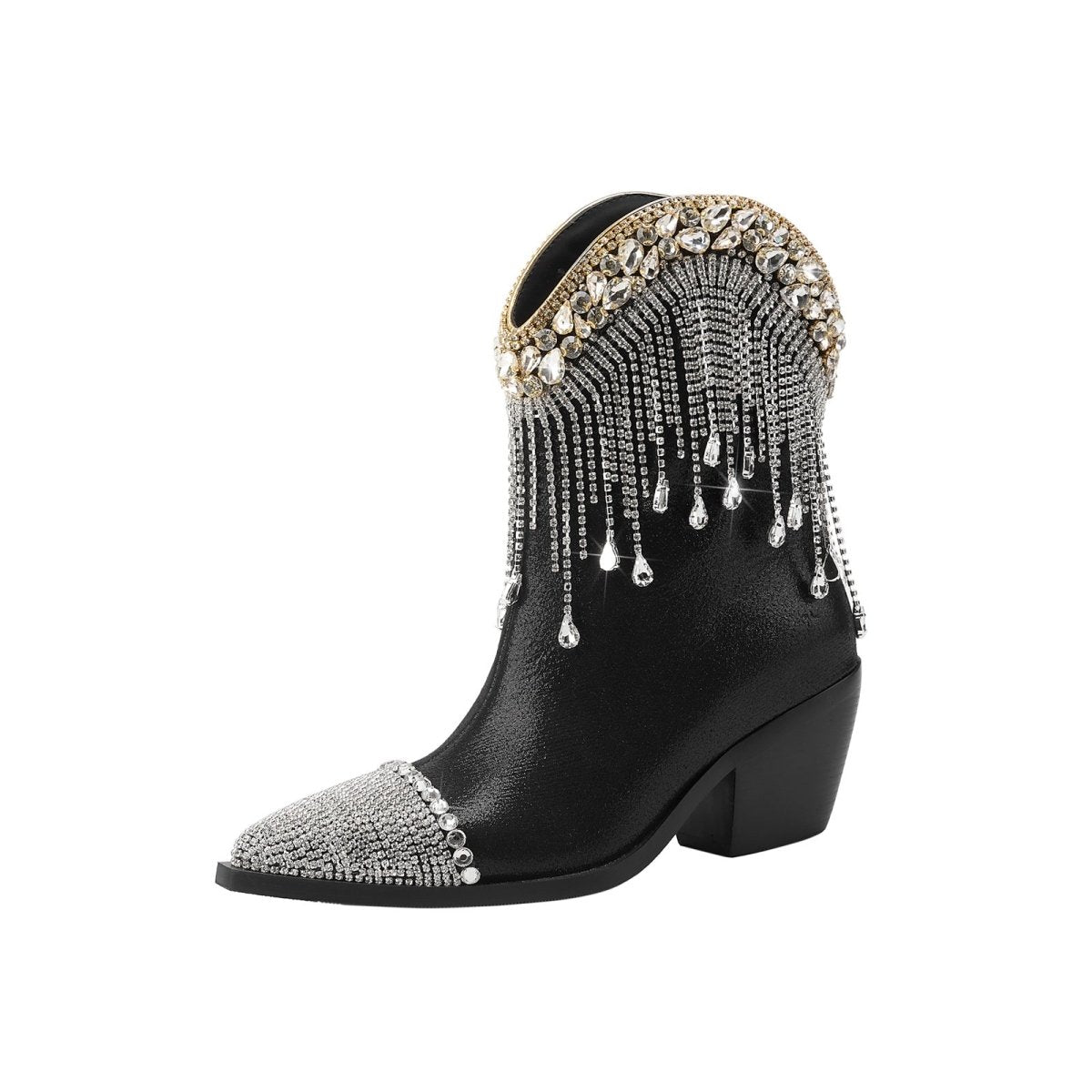 Crystal Fringe Embellished Black Cowgirl Boots - 0cm
