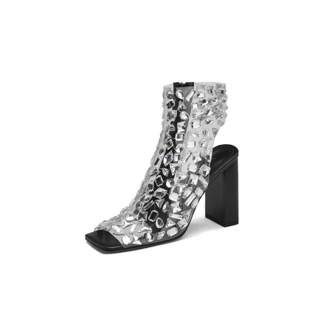 Crystal Mosaic Mesh Ankle Cuff Block Heel Sandals