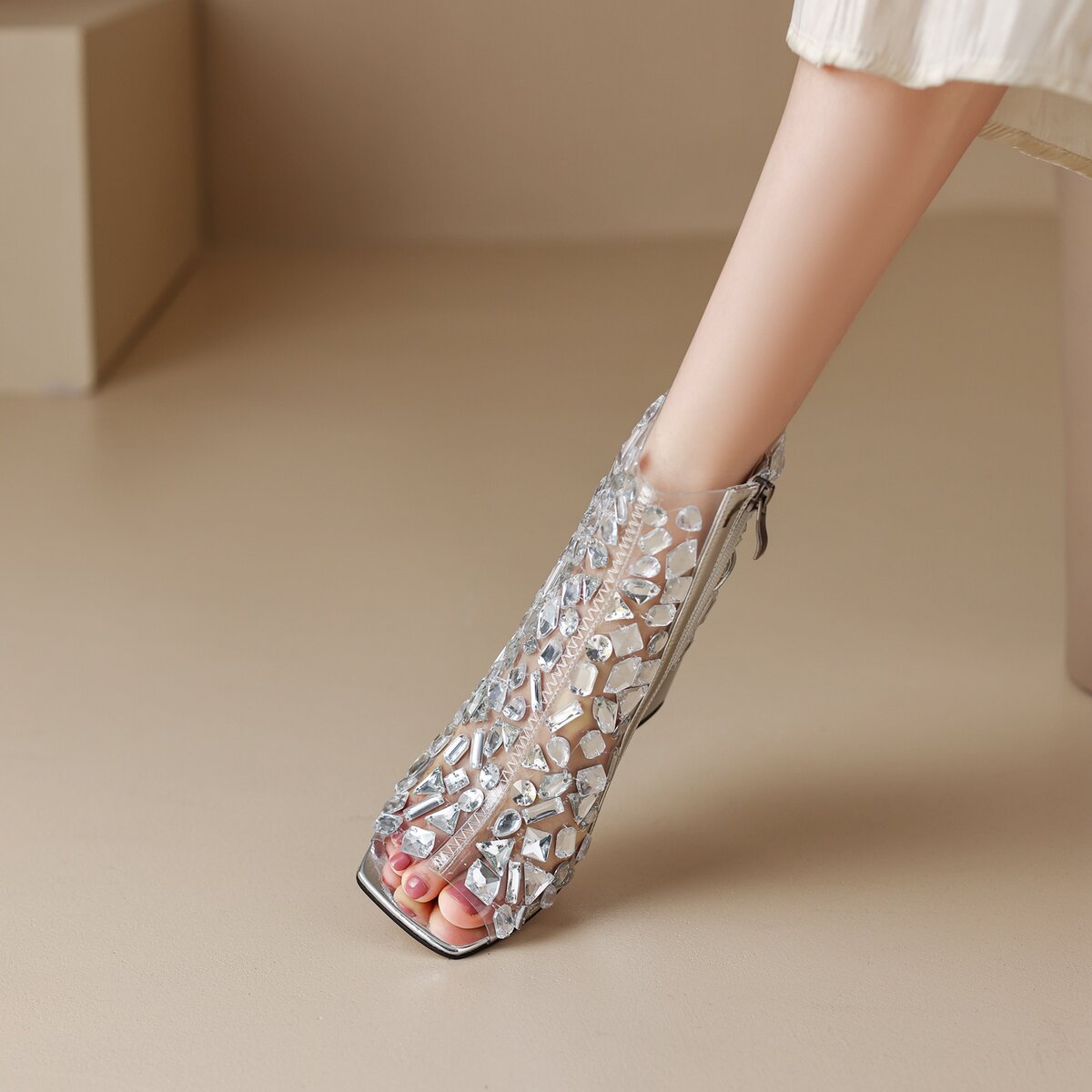 Crystal Mosaic Mesh Ankle Cuff Block Heel Sandals