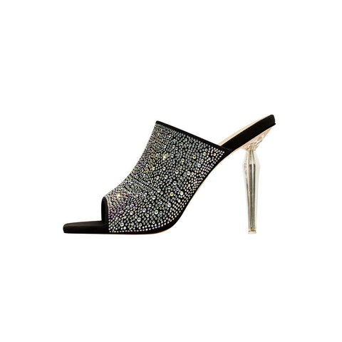 Crystal Encrusted Open Toe Mules with Sculptural Clear Stiletto Heel