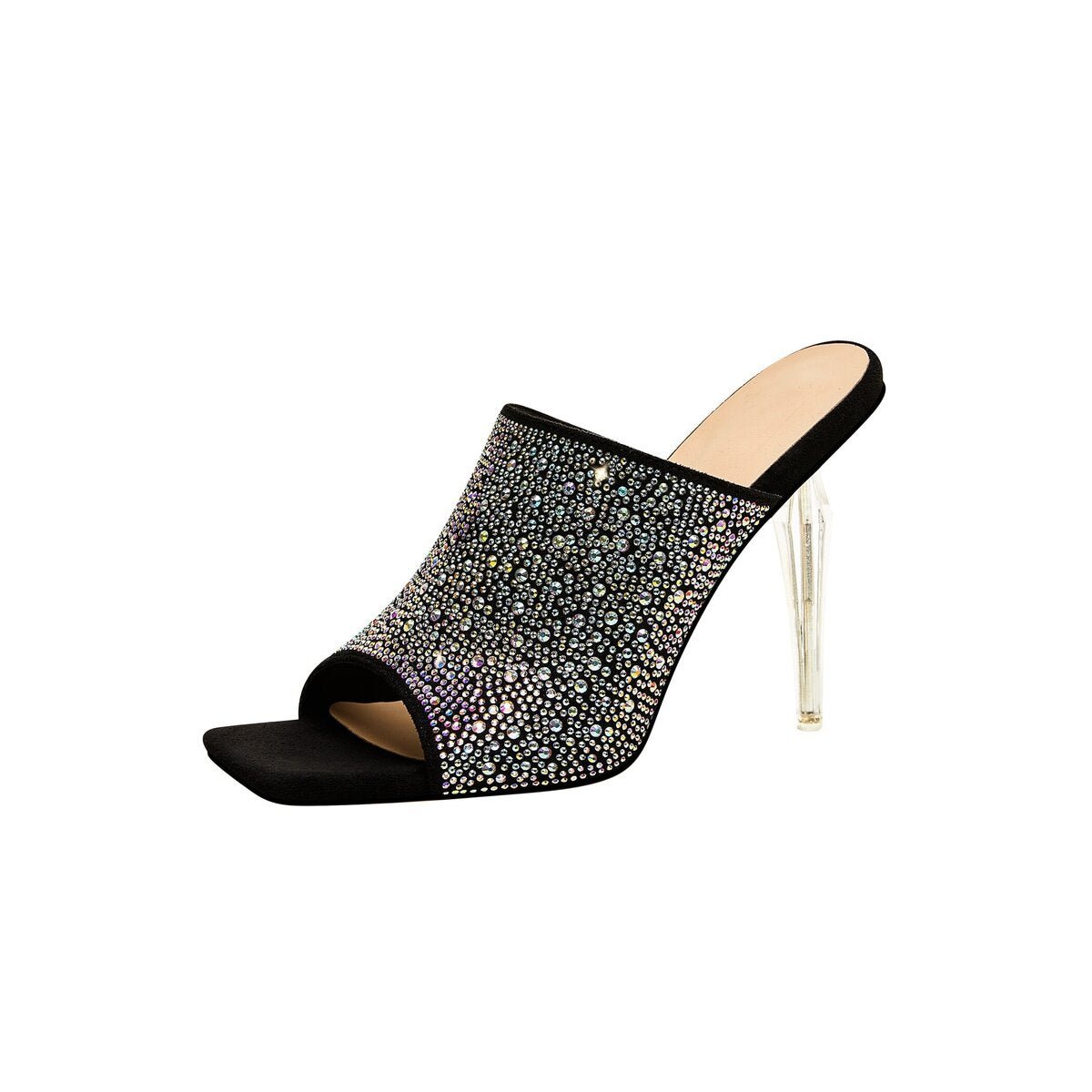 Crystal Encrusted Open Toe Mules with Sculptural Clear Stiletto Heel